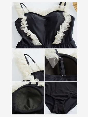 スイートロリータ衣装 ブラックカラーブロックフリルノースリーブジャンプスーツ