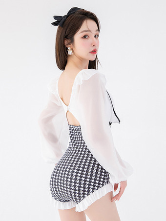 スイートロリータ衣装 ホワイトカラーブロックチェック柄リボン長袖ジャンプスーツ