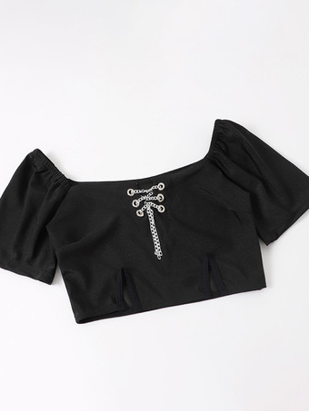 ゴシックロリータ衣装 黒のティアードチェーン チェック柄 半袖スカート トップ パンツ