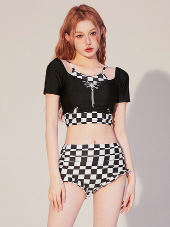 ゴシックロリータ衣装 黒のティアードチェーン チェック柄 半袖スカート トップ パンツ