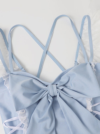 ロココ風ロリータ衣装 ライトスカイブルー 水玉模様 レースアップ フリル ノースリーブ ジャンプスーツ