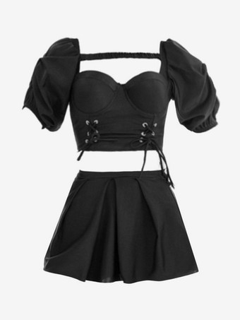 スイートロリータ衣装 パープル レースアップ 半袖 トップ パンツ