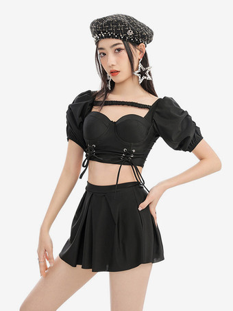 スイートロリータ衣装 パープル レースアップ 半袖 トップ パンツ