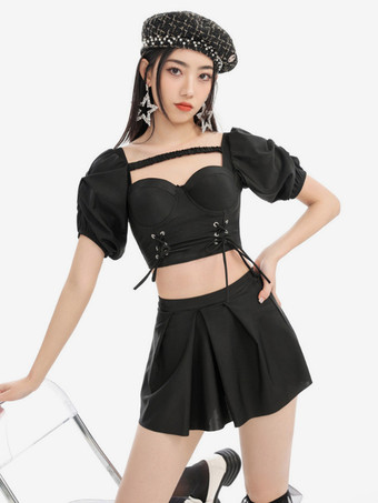 ブラック スイートロリータ衣装 パープル レースアップ 半袖 トップ パンツ