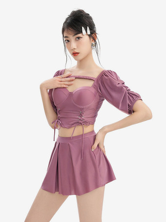 スイートロリータ衣装 パープル レースアップ 半袖 トップ パンツ