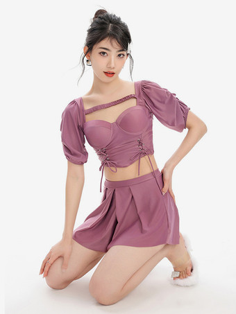 パープル スイートロリータ衣装 パープル レースアップ 半袖 トップ パンツ