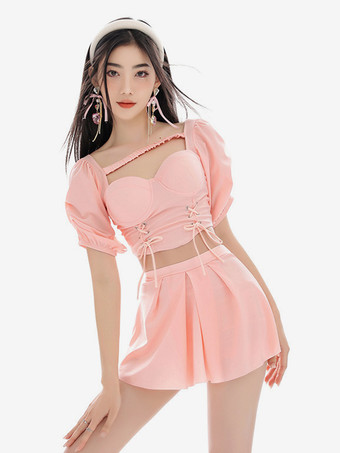 スイートロリータ衣装 パープル レースアップ 半袖 トップ パンツ