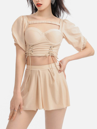 スイートロリータ衣装 パープル レースアップ 半袖 トップ パンツ