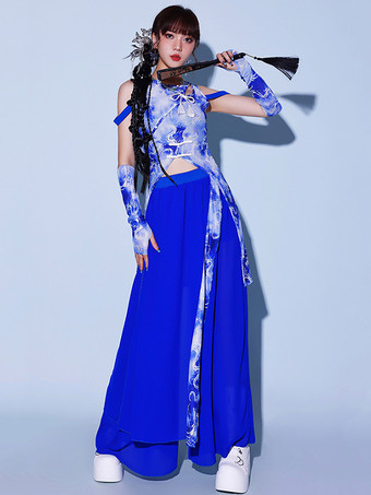 ジャズダンスコスチューム レディース シフォン ライクラ スパンデックス グローブ パンツ トップ ダンスウェア