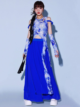 ブルー ジャズダンスコスチューム レディース シフォン ライクラ スパンデックス グローブ パンツ トップ ダンスウェア