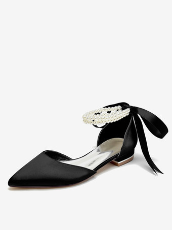 ブラック ブライダルシューズ ブライダルフラット サテン ポインテッドトゥ パール