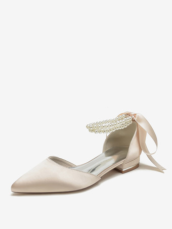 シャンパンカラーブライダルシューズ ブライダルフラット サテン ポインテッドトゥ パール