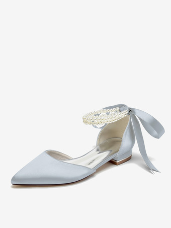 シルバー ブライダルシューズ ブライダルフラット サテン ポインテッドトゥ パール