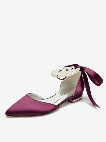 ワインレッド ブライダルシューズ ブライダルフラット サテン ポインテッドトゥ パール