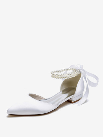 ホワイト ブライダルシューズ ブライダルフラット サテン ポインテッドトゥ パール