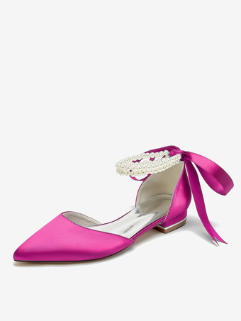 ローズレッドブライダルシューズ ブライダルフラット サテン ポインテッドトゥ パール