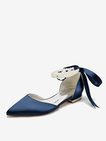 ディープブルーブライダルシューズ ブライダルフラット サテン ポインテッドトゥ パール