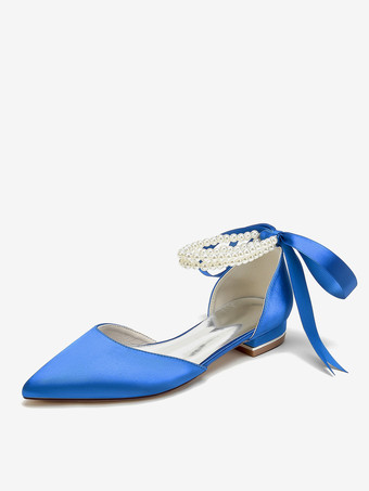 ロイヤルブルーブライダルシューズ ブライダルフラット サテン ポインテッドトゥ パール