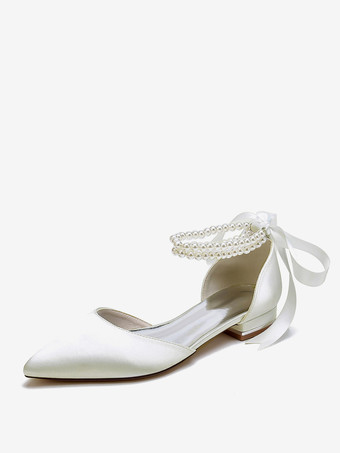アイボリー ブライダルシューズ ブライダルフラット サテン ポインテッドトゥ パール