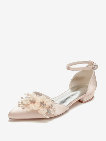 シャンパンカラーブライダルシューズ ブライダルフラット サテン ポインテッドトゥ