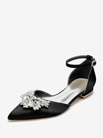 ブラック ブライダルシューズ ブライダルフラット サテン ポインテッドトゥ ラインストーン