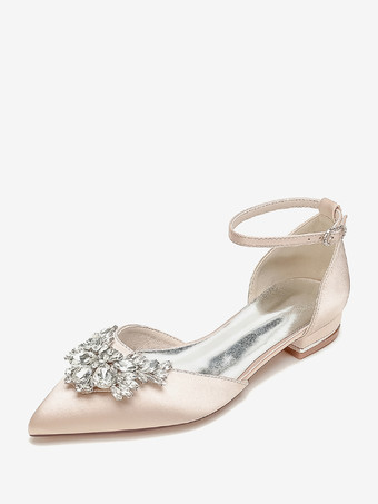 シャンパンカラーブライダルシューズ ブライダルフラット サテン ポインテッドトゥ ラインストーン