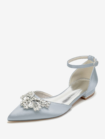シルバー ブライダルシューズ ブライダルフラット サテン ポインテッドトゥ ラインストーン