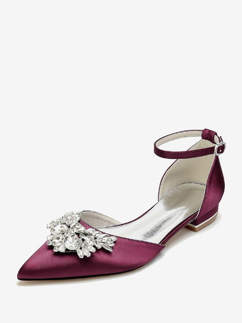 ワインレッド ブライダルシューズ ブライダルフラット サテン ポインテッドトゥ ラインストーン