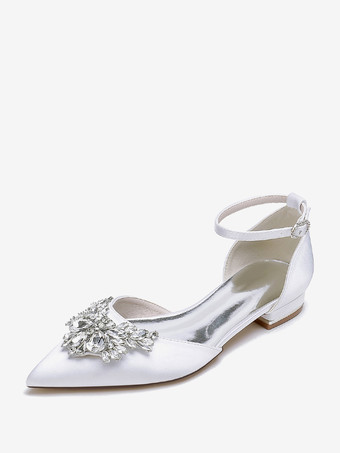 ホワイト ブライダルシューズ ブライダルフラット サテン ポインテッドトゥ ラインストーン