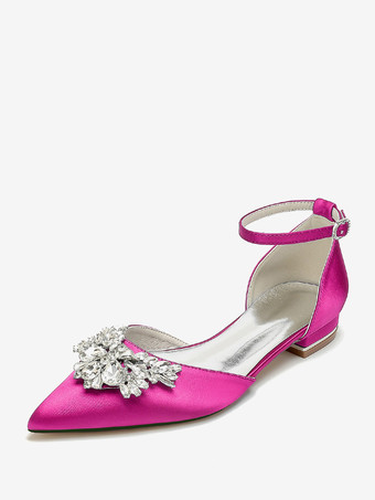 ローズレッドブライダルシューズ ブライダルフラット サテン ポインテッドトゥ ラインストーン