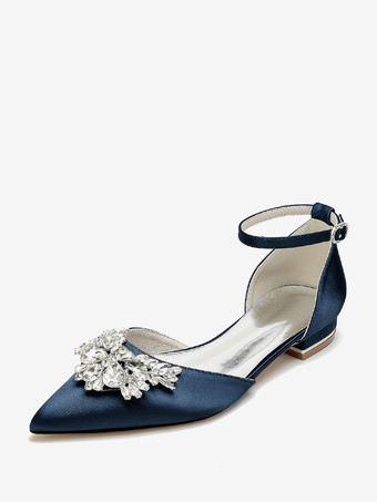 ディープブルーブライダルシューズ ブライダルフラット サテン ポインテッドトゥ ラインストーン