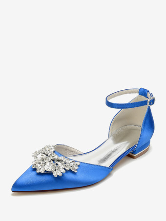 ロイヤルブルーブライダルシューズ ブライダルフラット サテン ポインテッドトゥ ラインストーン