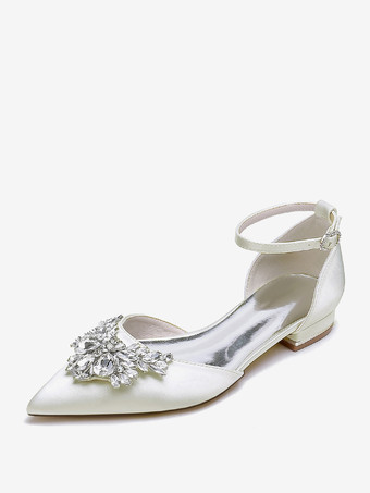 アイボリー ブライダルシューズ ブライダルフラット サテン ポインテッドトゥ ラインストーン