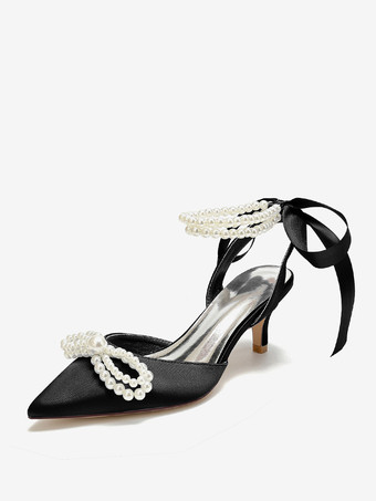 ブラック ウェディングシューズ ブライダルパンプス サテン ポインテッドトゥ