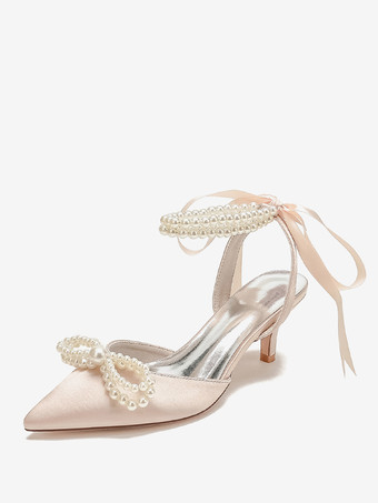 シャンパンカラーウェディングシューズ ブライダルパンプス サテン ポインテッドトゥ