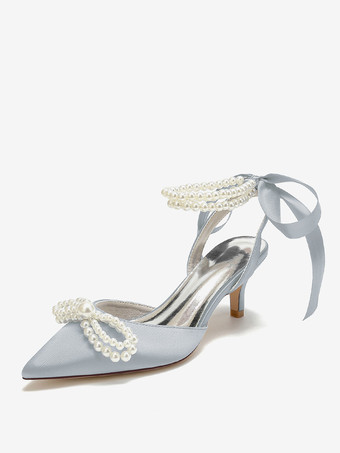シルバー ウェディングシューズ ブライダルパンプス サテン ポインテッドトゥ