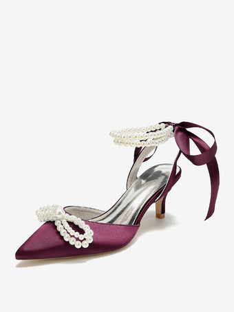 ワインレッド ウェディングシューズ ブライダルパンプス サテン ポインテッドトゥ