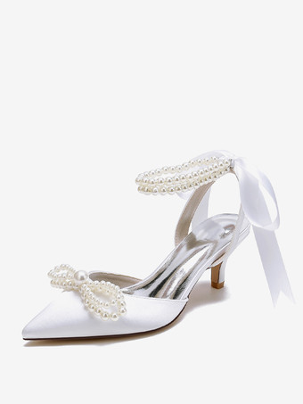 ホワイト ウェディングシューズ ブライダルパンプス サテン ポインテッドトゥ