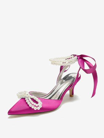 ローズレッドウェディングシューズ ブライダルパンプス サテン ポインテッドトゥ