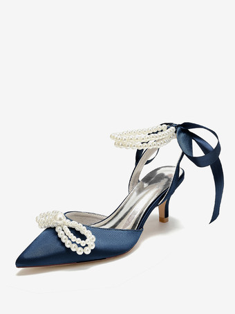 ディープブルーウェディングシューズ ブライダルパンプス サテン ポインテッドトゥ