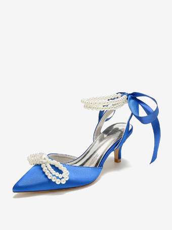 ロイヤルブルーウェディングシューズ ブライダルパンプス サテン ポインテッドトゥ