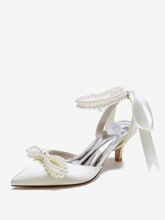 アイボリー ウェディングシューズ ブライダルパンプス サテン ポインテッドトゥ