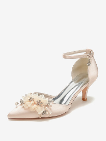 シャンパンカラーウェディングシューズ ブライダルパンプス サテン ポインテッドトゥ