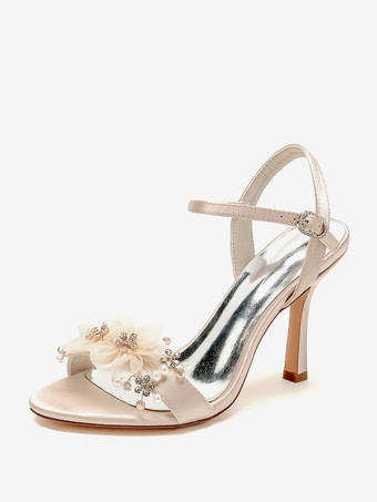 シャンパンカラーブライダルサンダル ホワイト サテン ファッション オープントゥ メタルディテール ウェディングサンダル