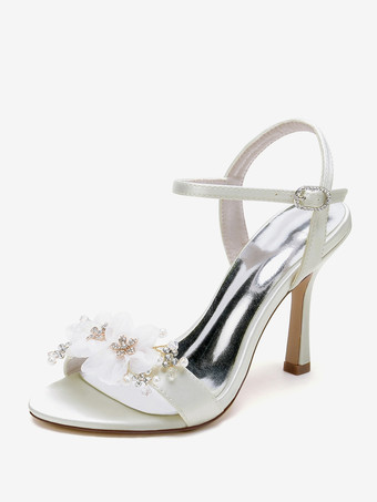 アイボリー ブライダルサンダル ホワイト サテン ファッション オープントゥ メタルディテール ウェディングサンダル