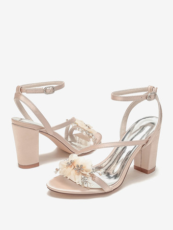 ウェディングシューズ サテンホワイト メタルディテール オープントゥ ウェディングサンダル