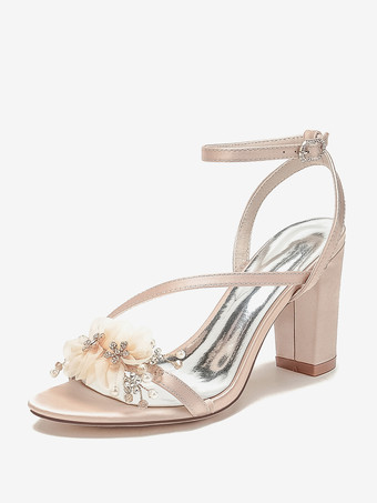 シャンパンカラーウェディングシューズ サテンホワイト メタルディテール オープントゥ ウェディングサンダル