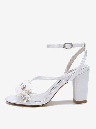 ウェディングシューズ サテンホワイト メタルディテール オープントゥ ウェディングサンダル