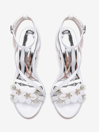 ウェディングシューズ サテンホワイト メタルディテール オープントゥ ウェディングサンダル