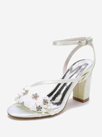 アイボリー ウェディングシューズ サテンホワイト メタルディテール オープントゥ ウェディングサンダル